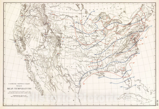 Historic Map : Statistical Atlas - 1874 Mean temperature US. - Vintage Wall Art