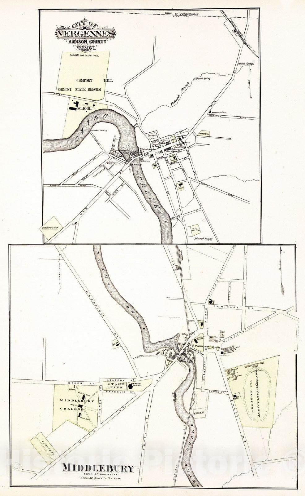 Historic Map : 1876 City of Vergennes, Town of Middlebury. - Vintage Wall Art