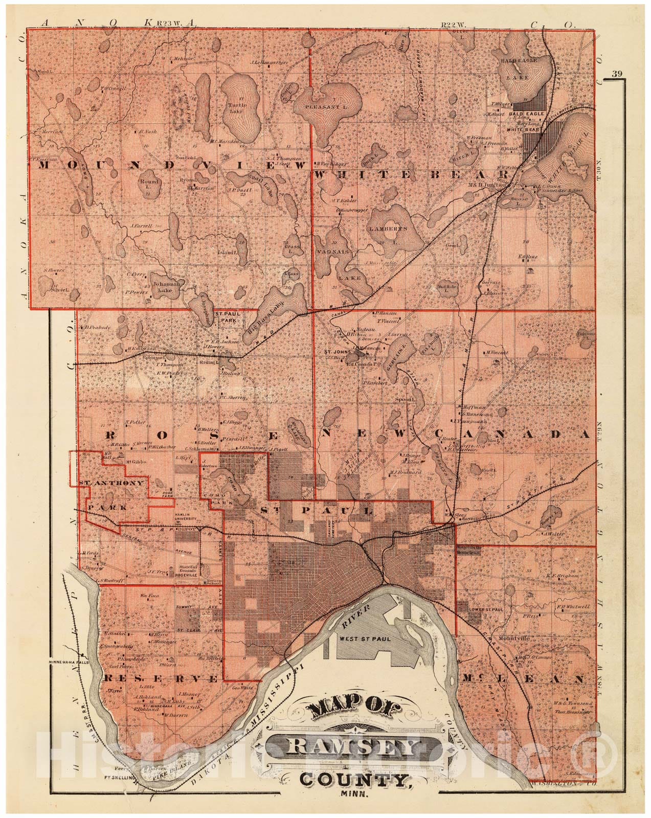 Historic Map - 1874 Map of Ramsey County, Minn. - Vintage Wall Art