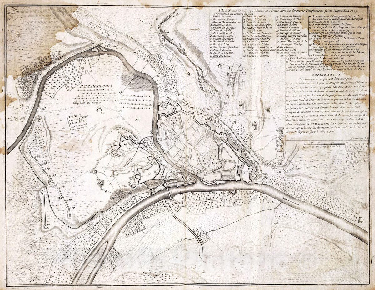 Historic Map : Namur , Belgium 1709 76. Plan de la Ville et Chateau de Namur, Belgium. 1709. , Vintage Wall Art