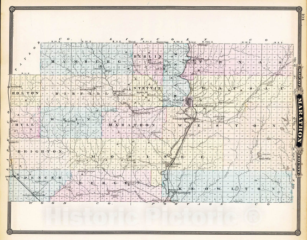 Historic Map : 1878 Map of Marathon County. - Vintage Wall Art