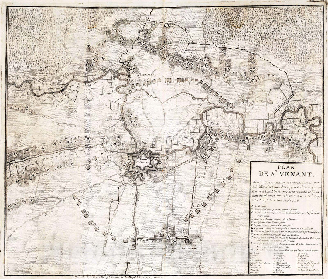 Historic Map : St. Venant , France, 1710 53. Plan de la Siege de St. Venant, France. 1710. , Vintage Wall Art