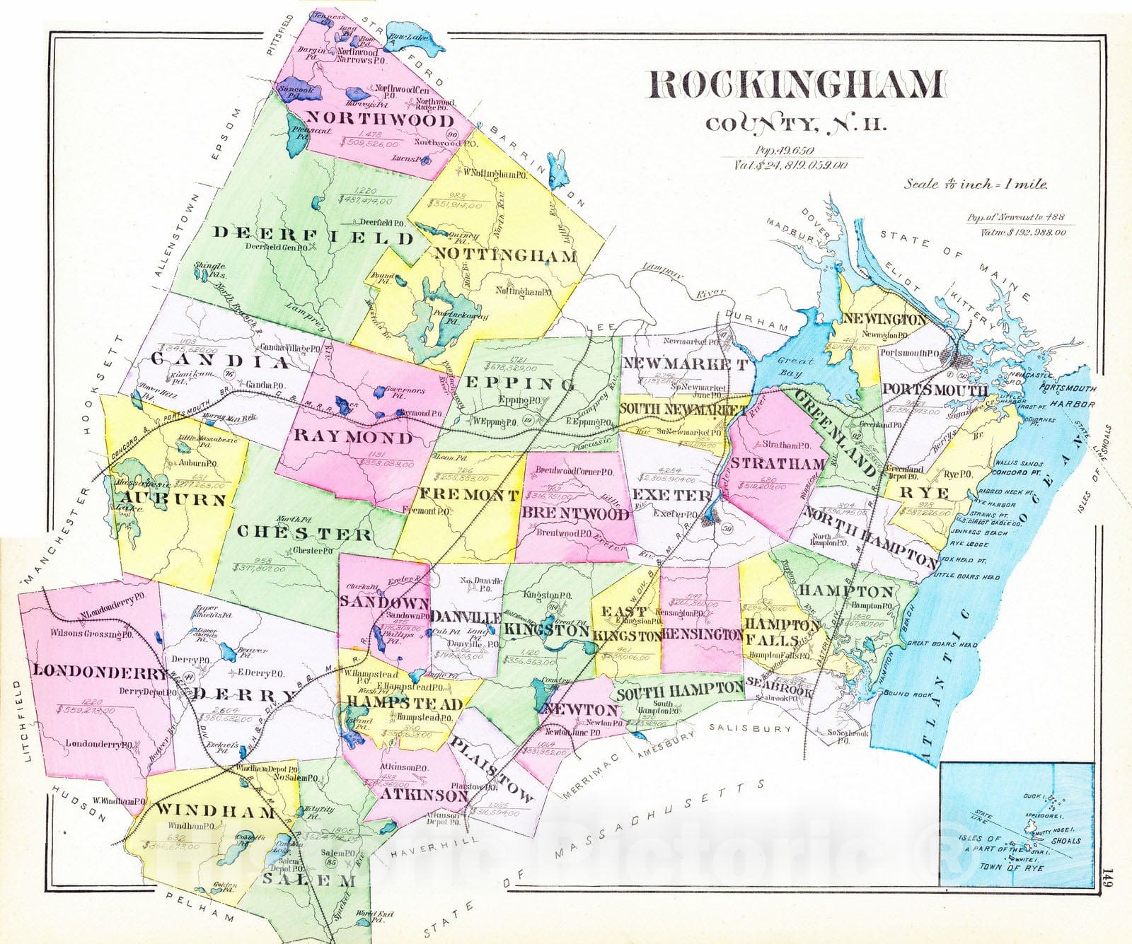 Historic Map : 1892 Rockingham County, N.H. - Vintage Wall Art