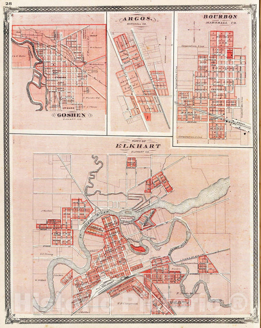 Historic Map : 1876 Town of Elkhart, Elkhart Co. (with) Goshen, Argos, Bourbon. - Vintage Wall Art