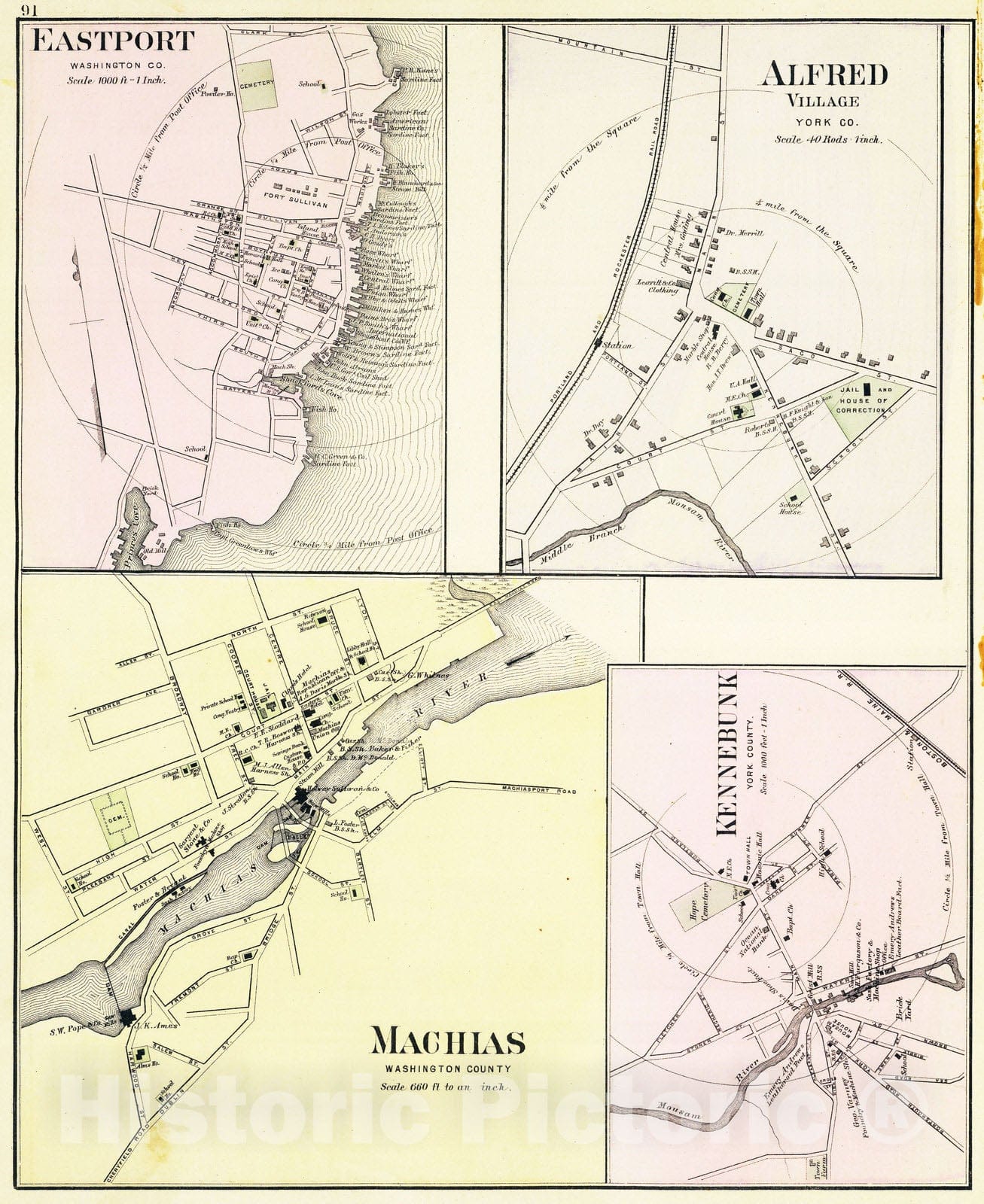 Historic Map : 1885 Machias, Eastport, Alfred, Kennebunk. - Vintage Wall Art