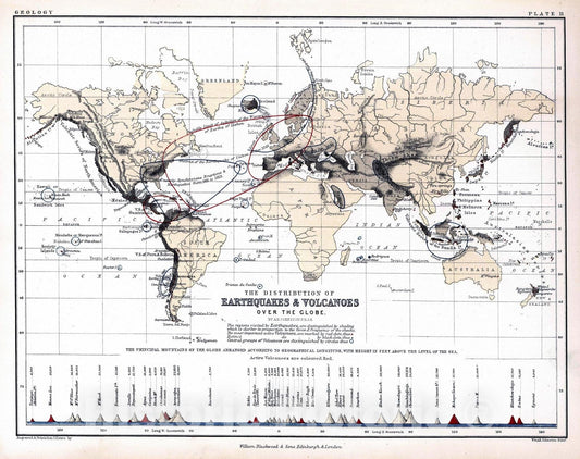 Historic Map : 1852 Distribution of Earthquakes & Volcanoes over the Globe. - Vintage Wall Art