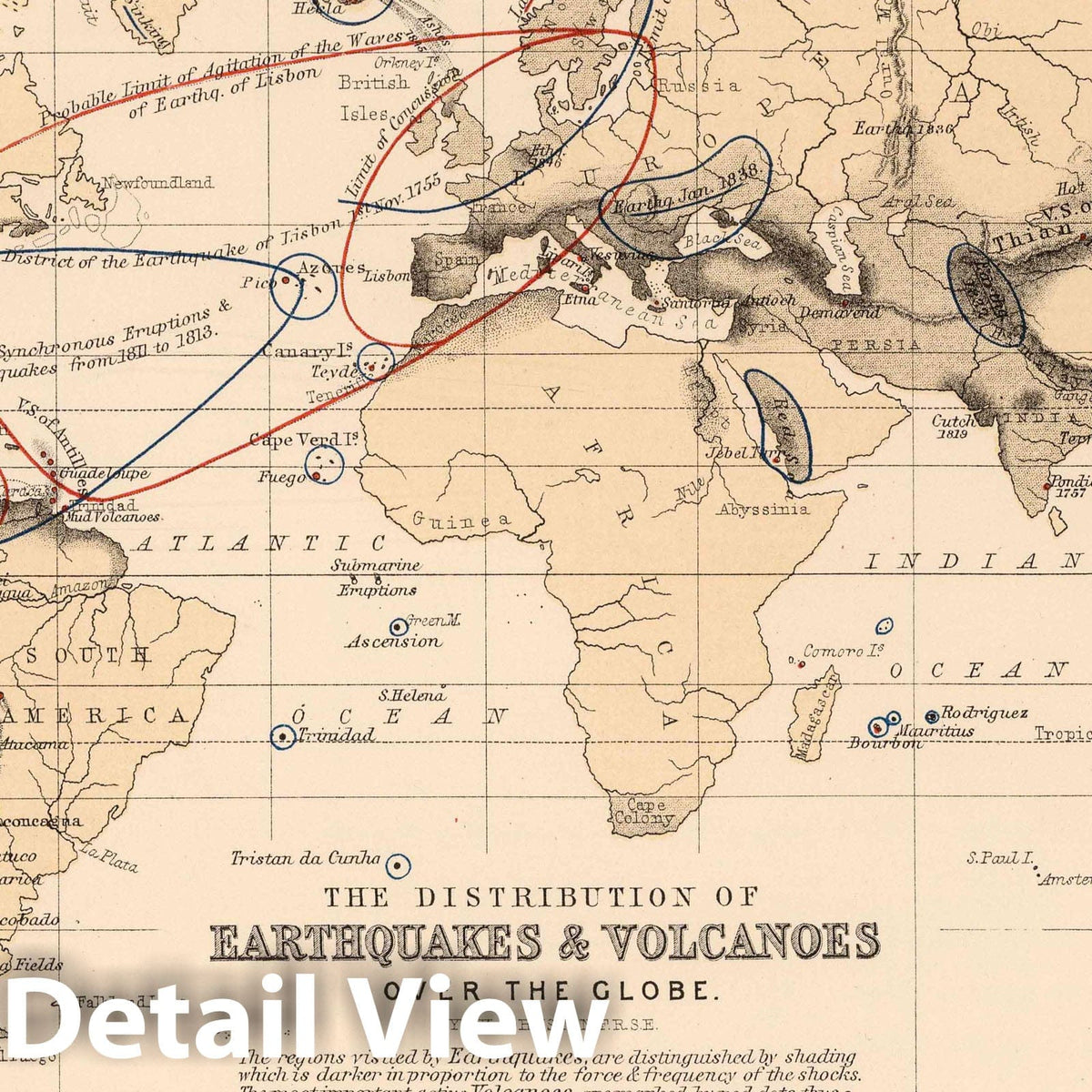 Distribution of Earthquakes and Volcanoes over the Globe - 1852 Geological Map