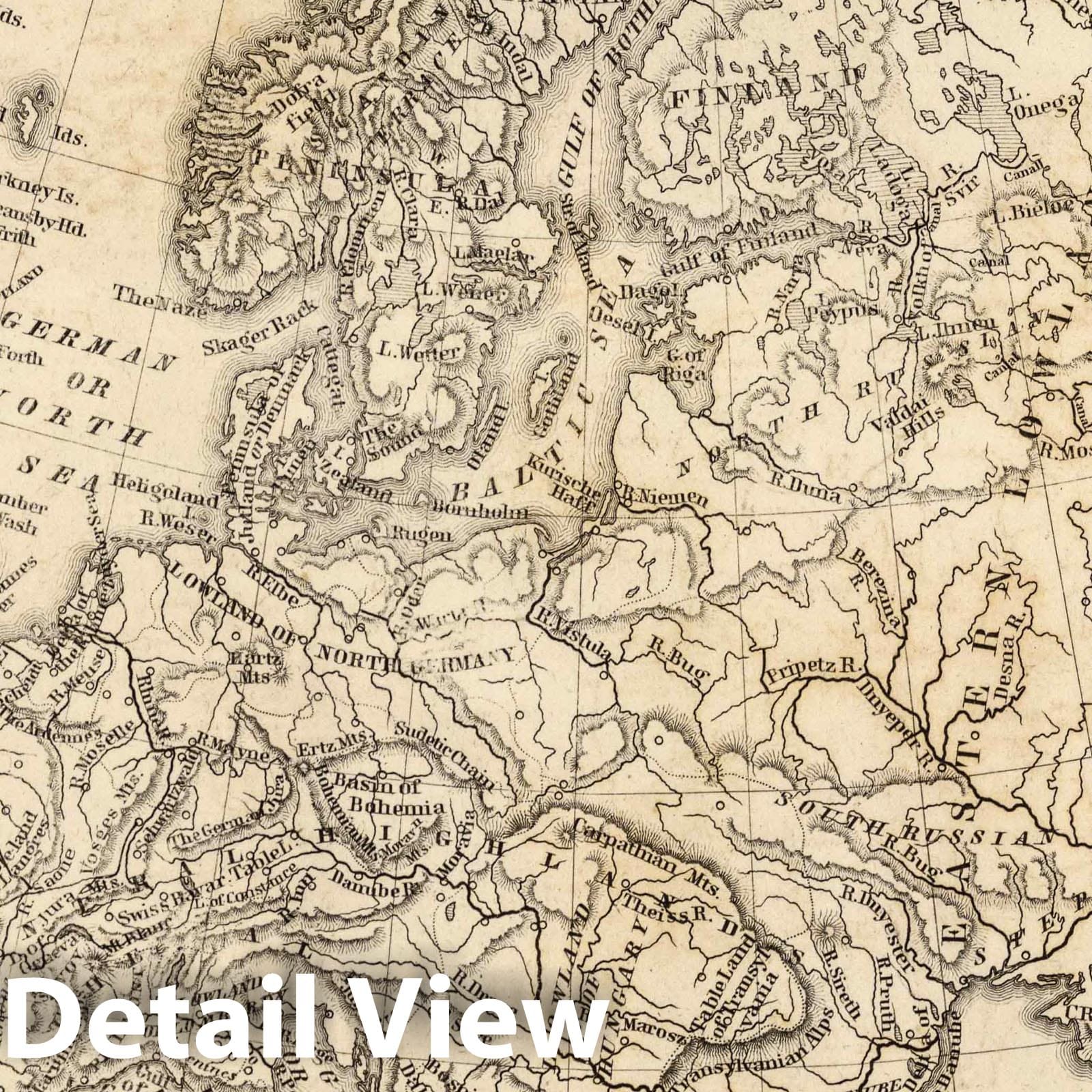 Europe - Physical Map, 1849 - Historical Map Print