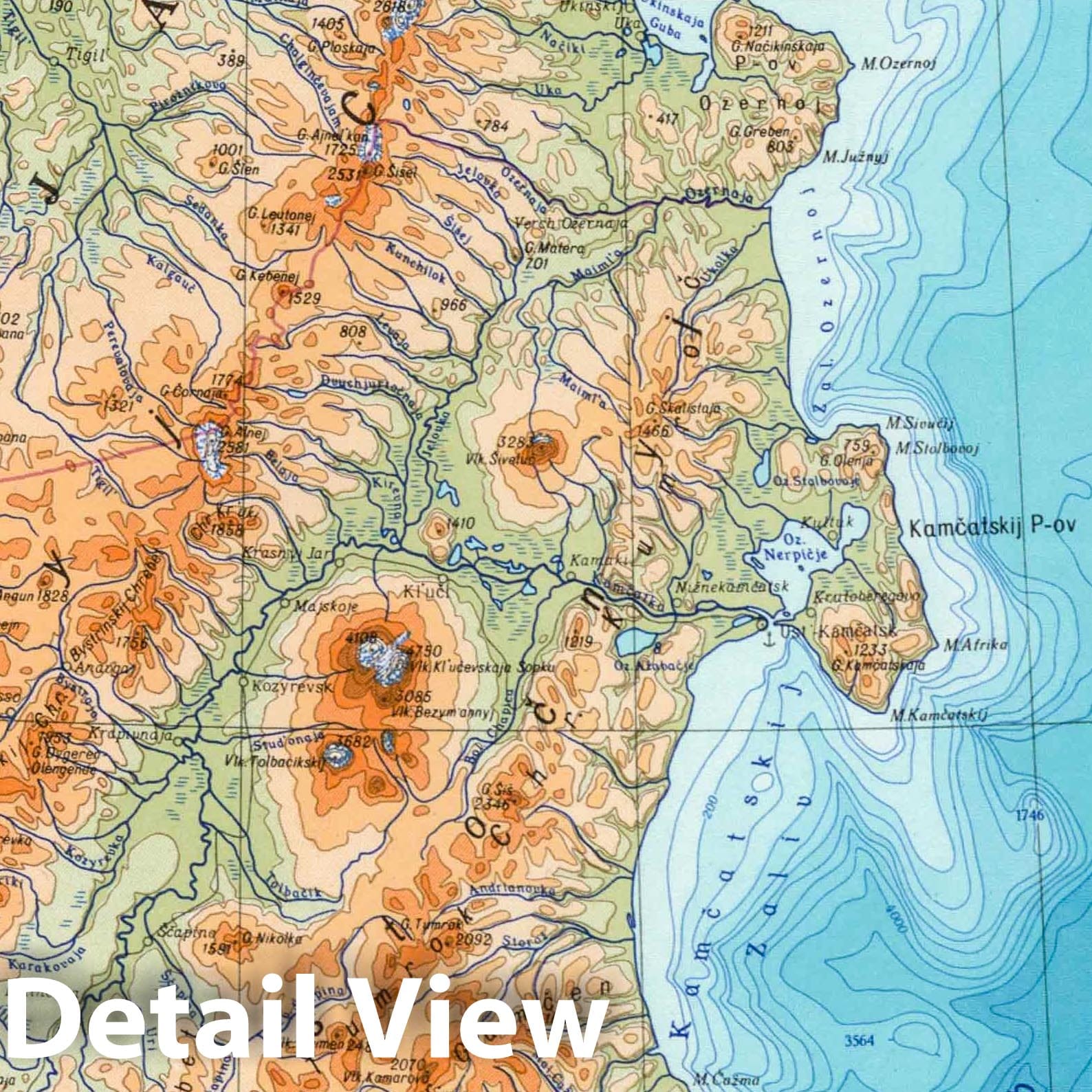 Kamchatka - Physical Map, 1967 - Soviet World Atlas Print