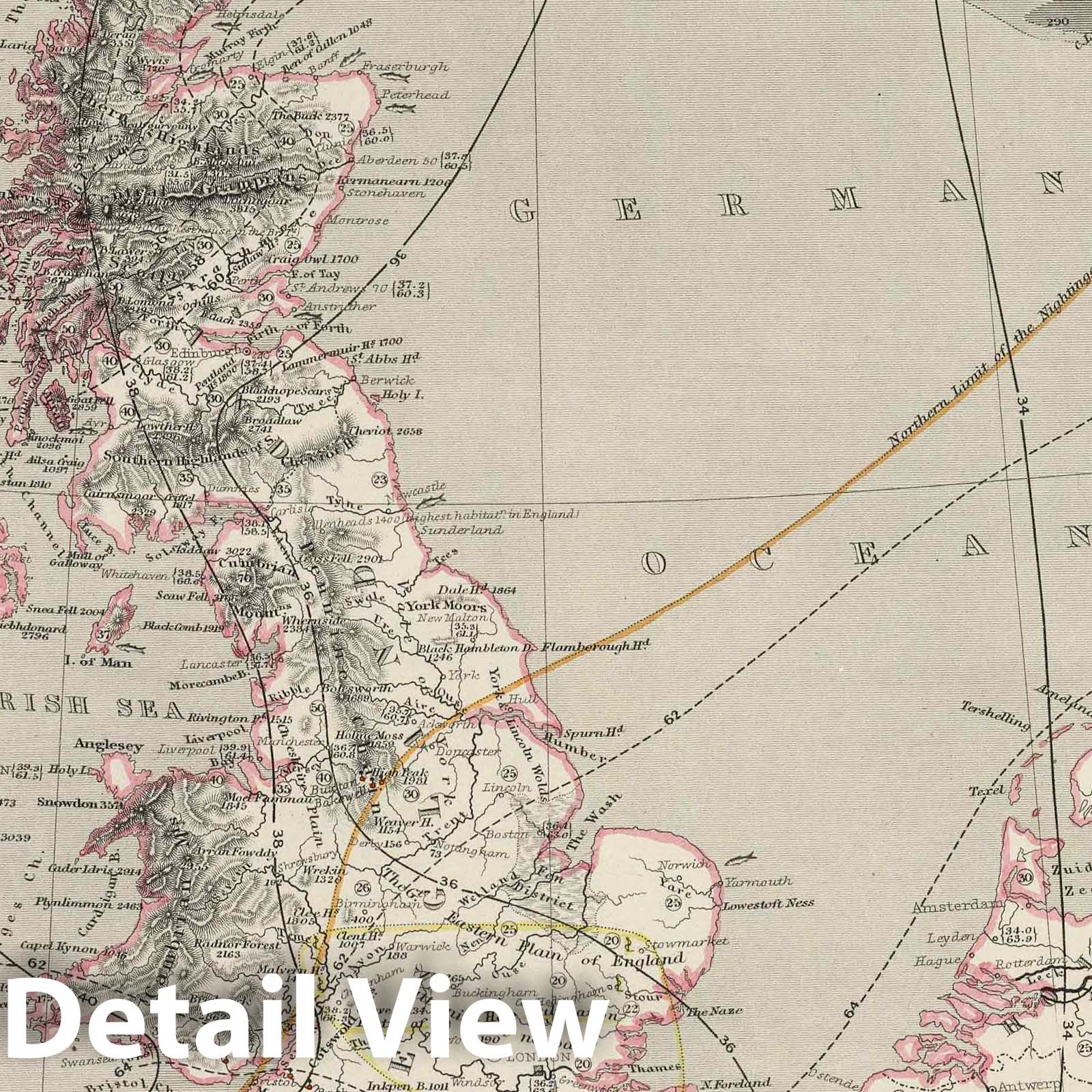 British Isles - Physical Map - Plate No. 14, 1850 - Historical Topographic Print