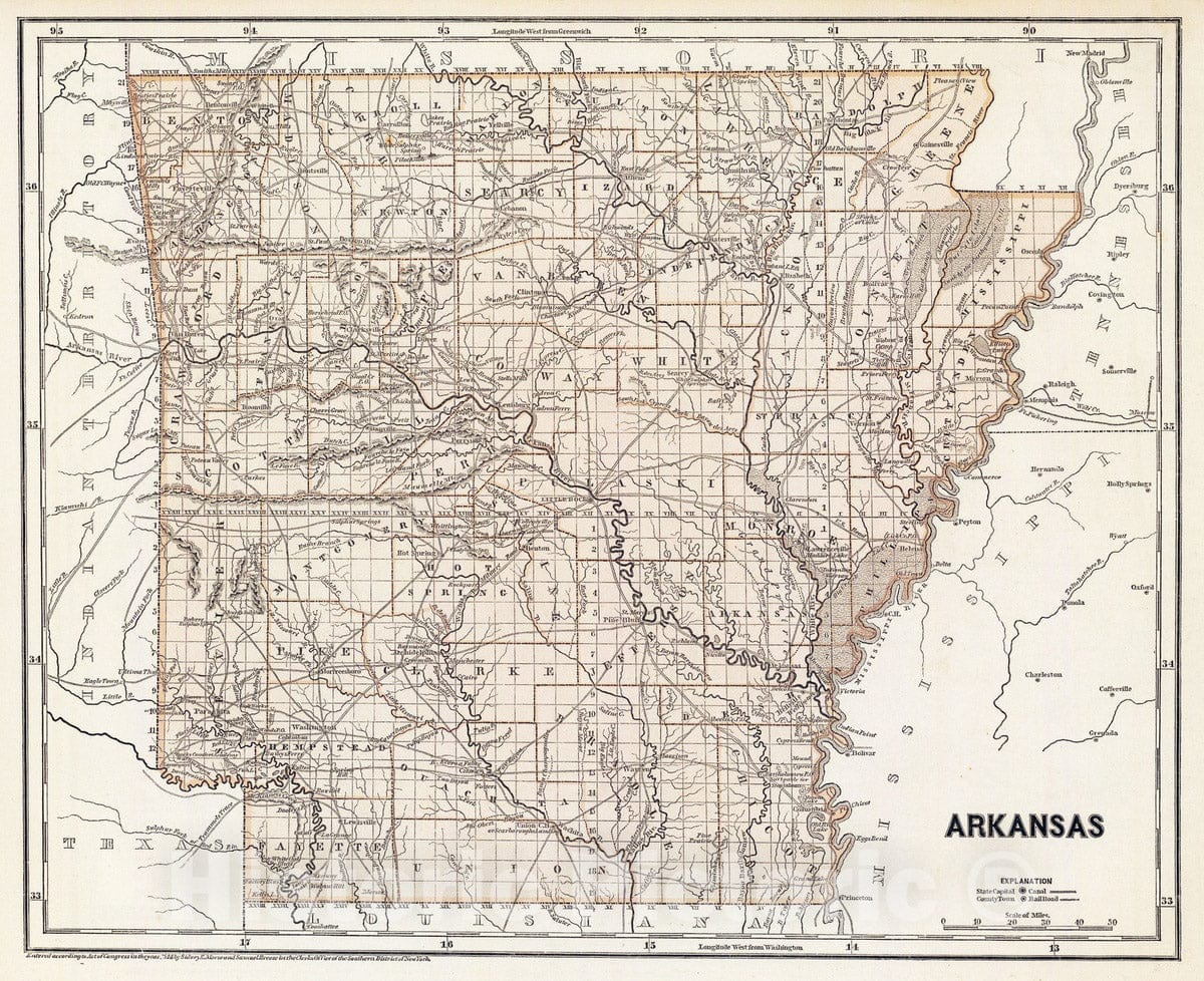 Historic Map : National Atlas - 1845 Arkansas. - Vintage Wall Art