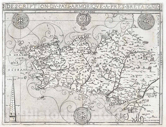 Historic Map : Brittany , France 1632 Description du Pays Armorique a Pres Bretaigne. , Vintage Wall Art