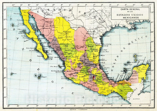 Historic Map : Mexico, 1899 Estados Unidos Mexicanos. , Vintage Wall Art
