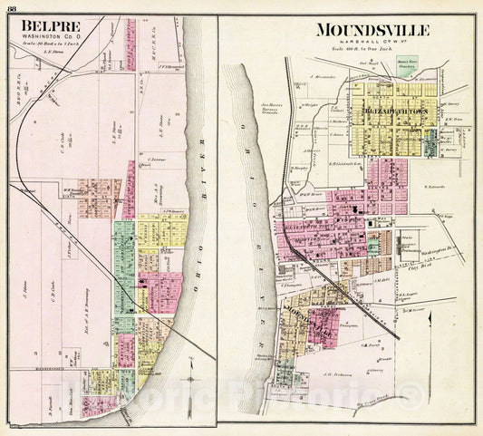 Historic Map : 1877 Moundsville, Marshall Co, W. Va. (with) Belpre, Washington Co, O. - Vintage Wall Art