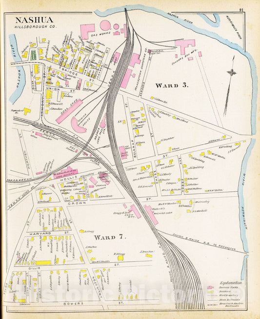 Historic Map : 1892 Nashua, Ward 3, 7. - Vintage Wall Art