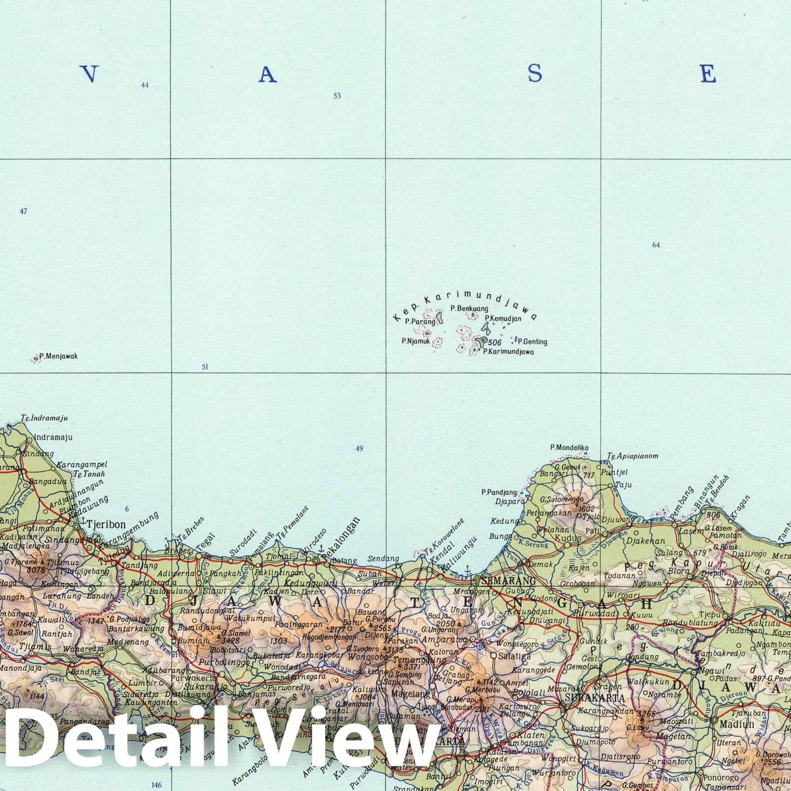 Jakarta, Java, Indonesia - Physical Map, 1967 - Historical Map Print