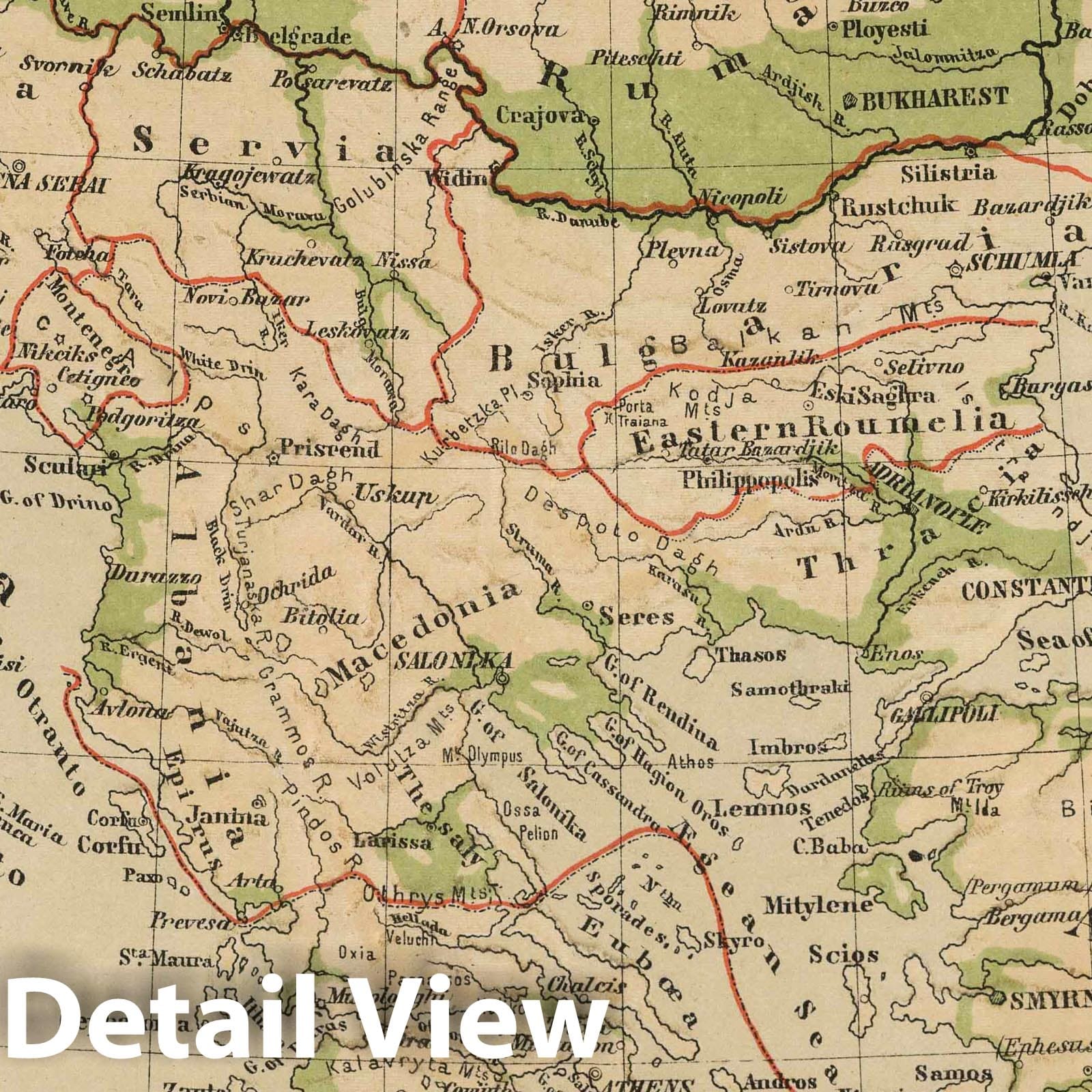 Turkey and Greece - Physical Map, 1880 - Historical Atlas Reproduction