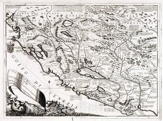 Historic Wall Map : Montenegro, Dalmatian Coast 1693 Corso delli Fiumi Drino, e Boiana nella Dalmatia. , Vintage Wall Art