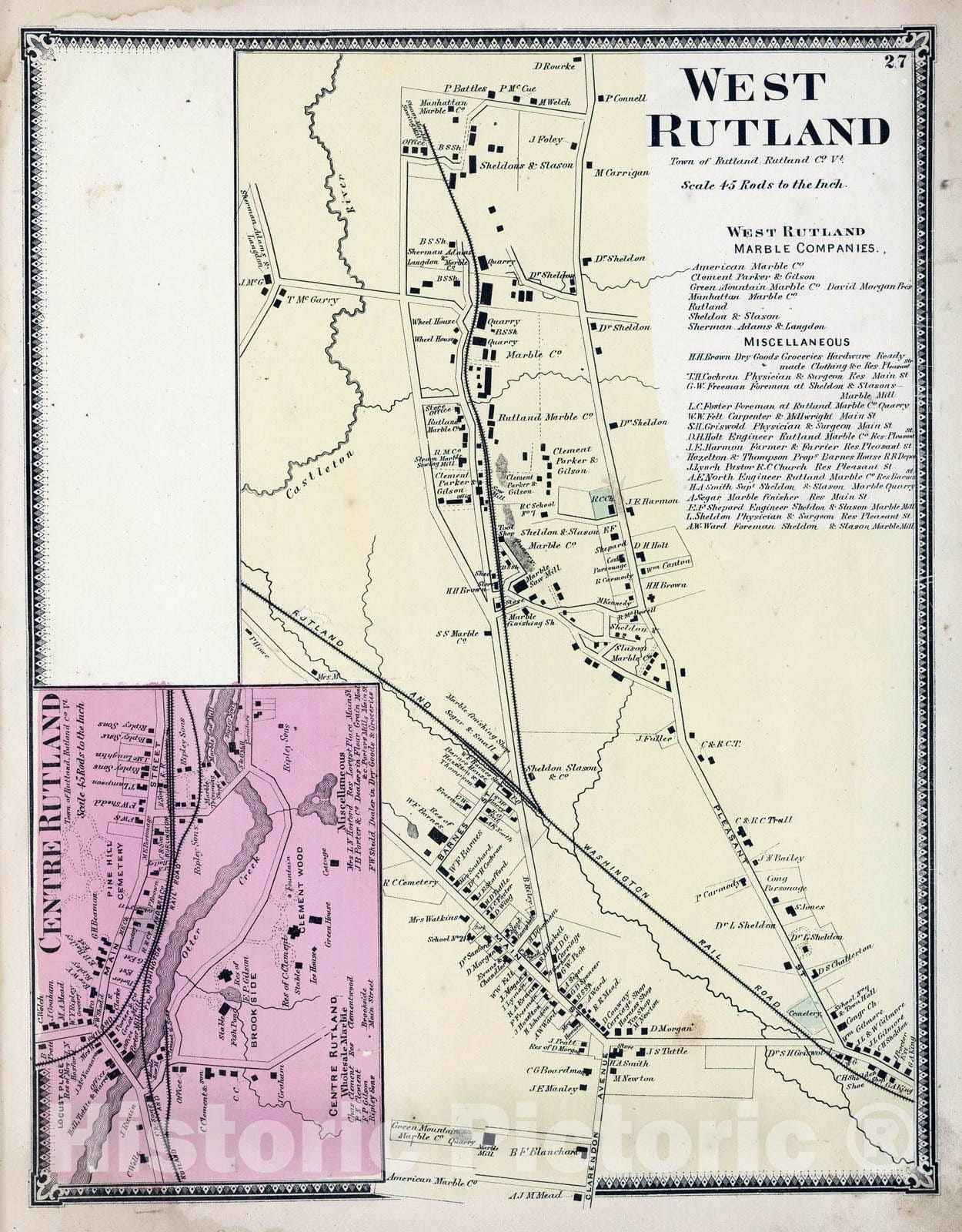 Historic Map : 1869 West Rutland, Rutland County, Vermont. Centre Rutland. - Vintage Wall Art