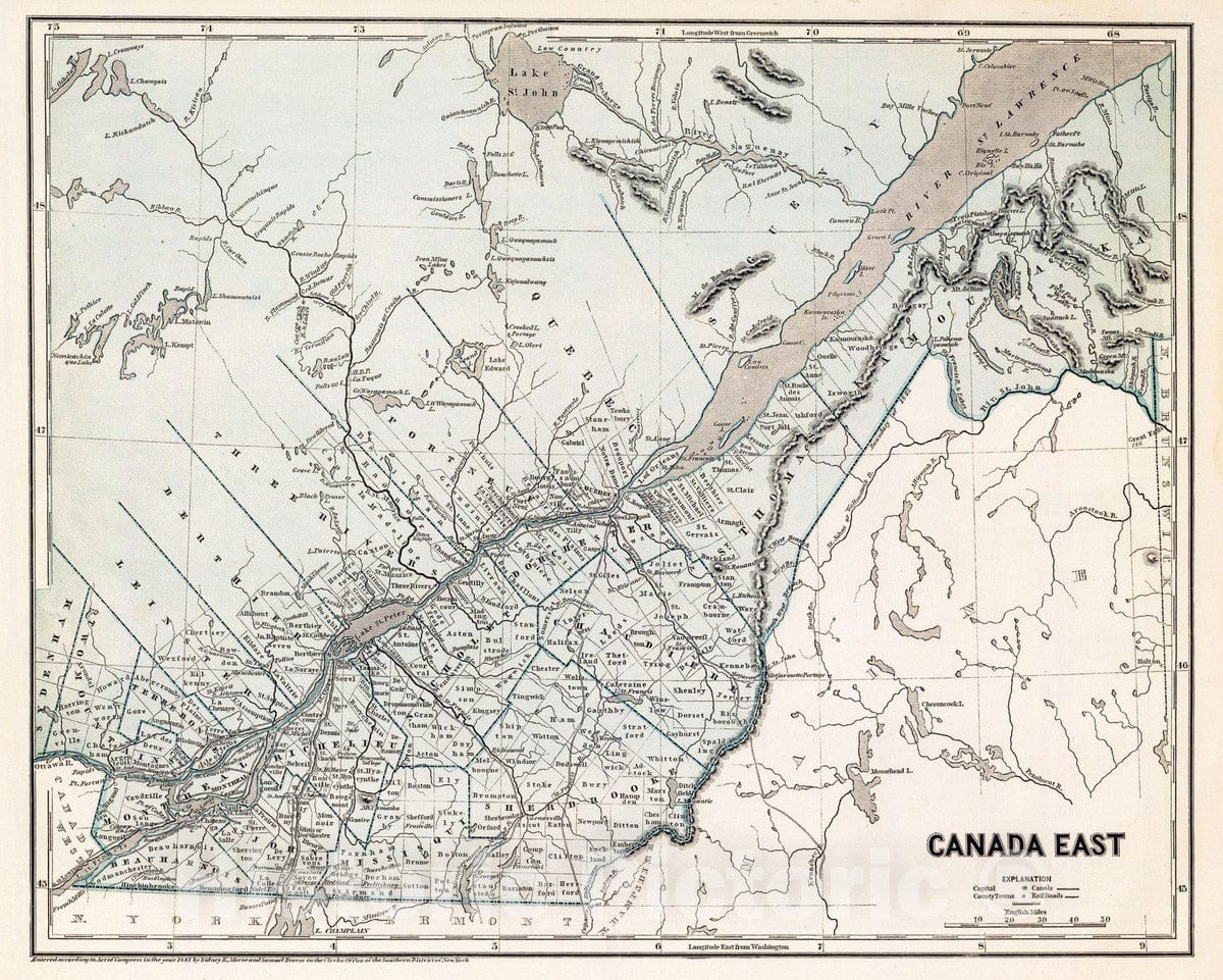 Historic Map : National Atlas - 1845 Canada East. - Vintage Wall Art