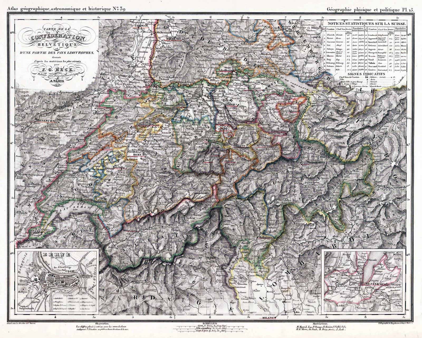 Historic Map : Switzerland, 1831 39. Carte de la Confederation Helvetique. , Vintage Wall Art