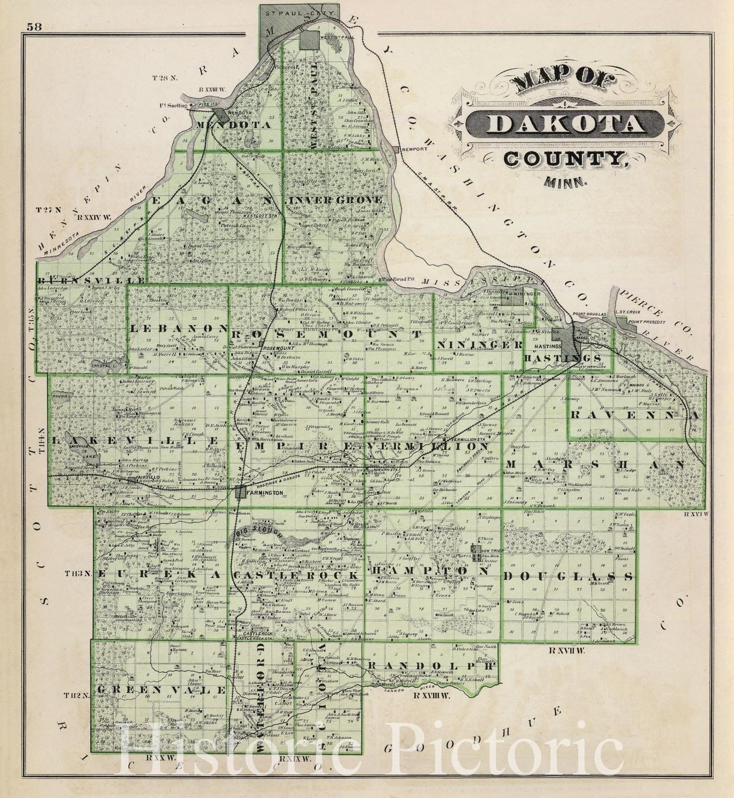 Historic Map : 1874 Map of Dakota County, Minn. - Vintage Wall Art