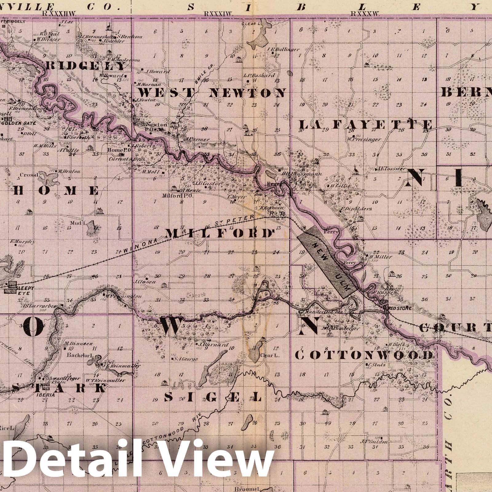 Brown and Nicollet Counties, Minnesota 1874 Historical Map Print