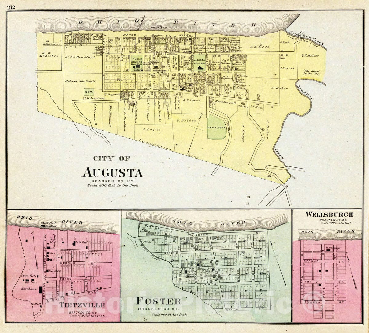 Historic Map : 1877 City of Augusta, (with) Tietzville, Foster, Wellsburgh, Bracken Co, Ky. - Vintage Wall Art