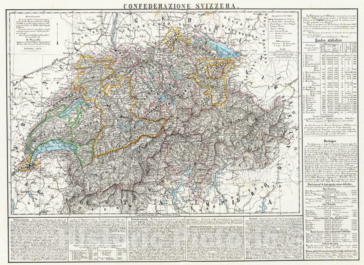 Historic Map : Switzerland, 1852 Confederazione Svizzera. , Vintage Wall Art