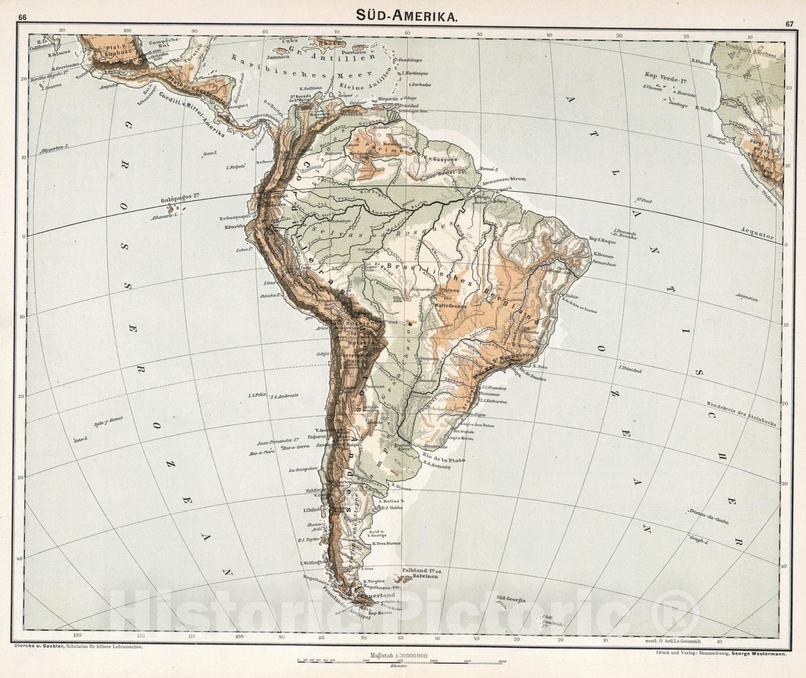 Historic Map : School Atlas - 1896 Sud - Amerika - Vintage Wall Art