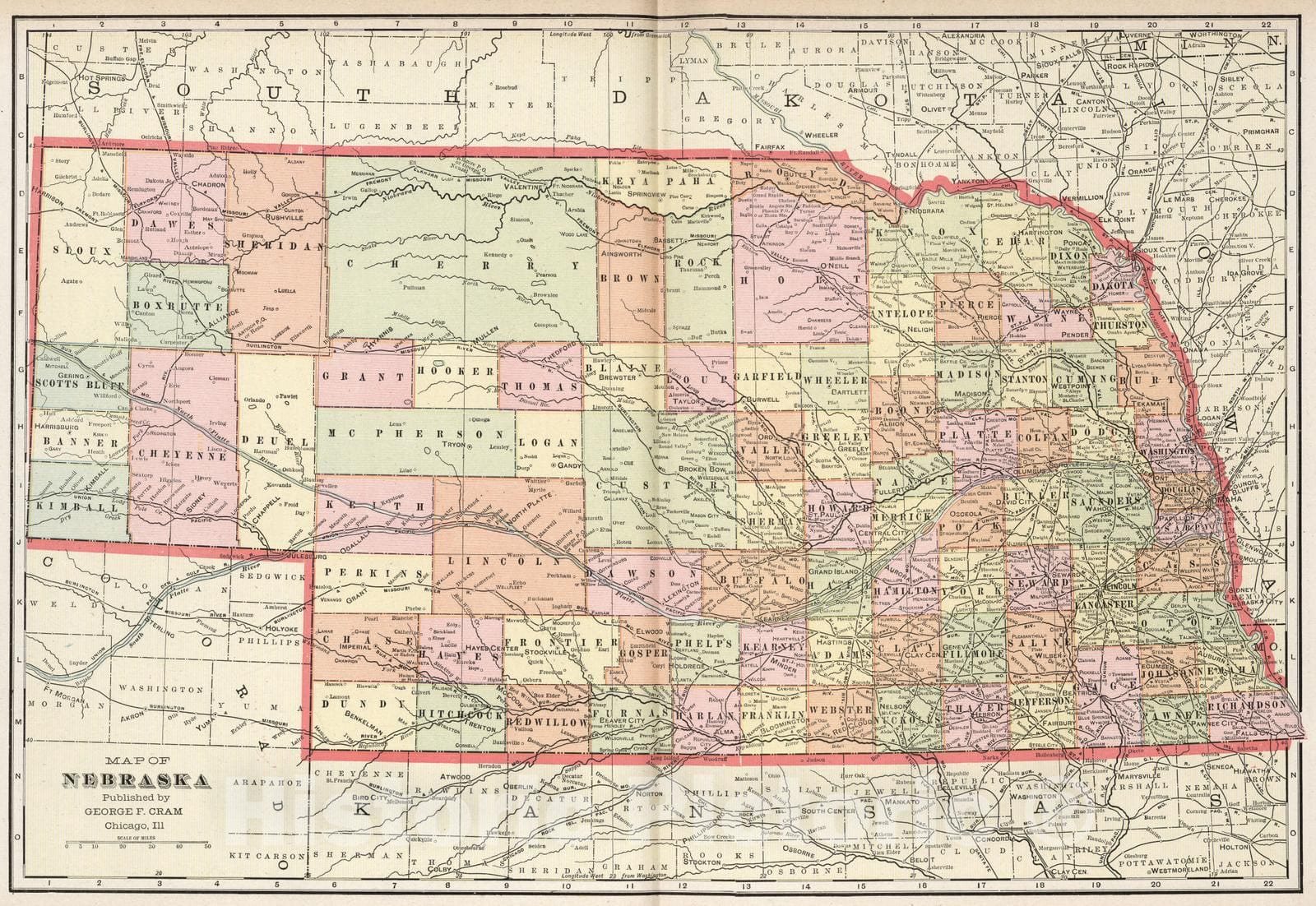 Historic Map : 1901 Map of Nebraska - Vintage Wall Art