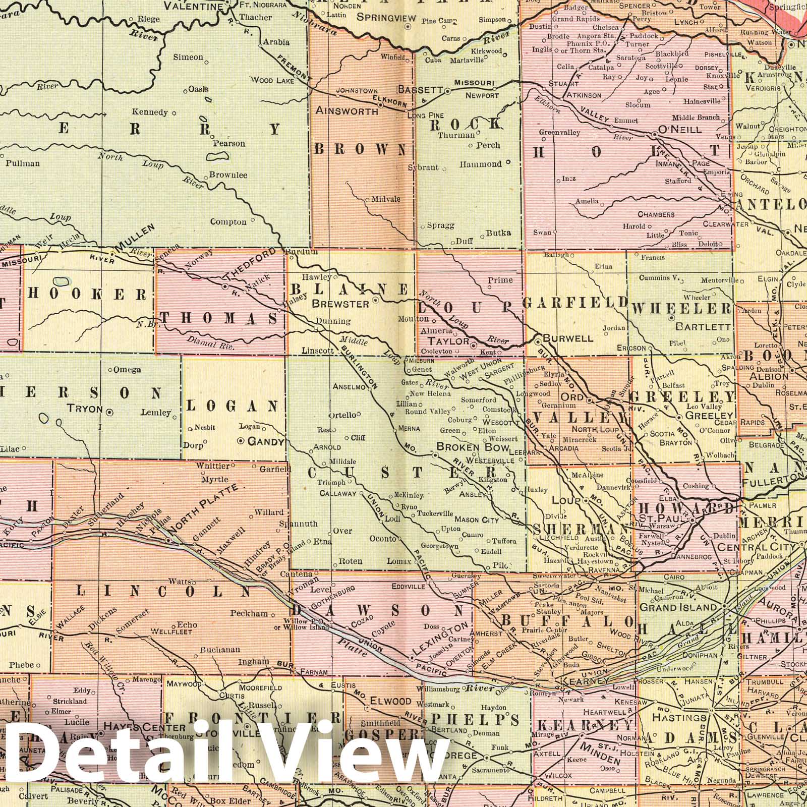 Nebraska - Railroad Map, 1901 - Historical Map Print