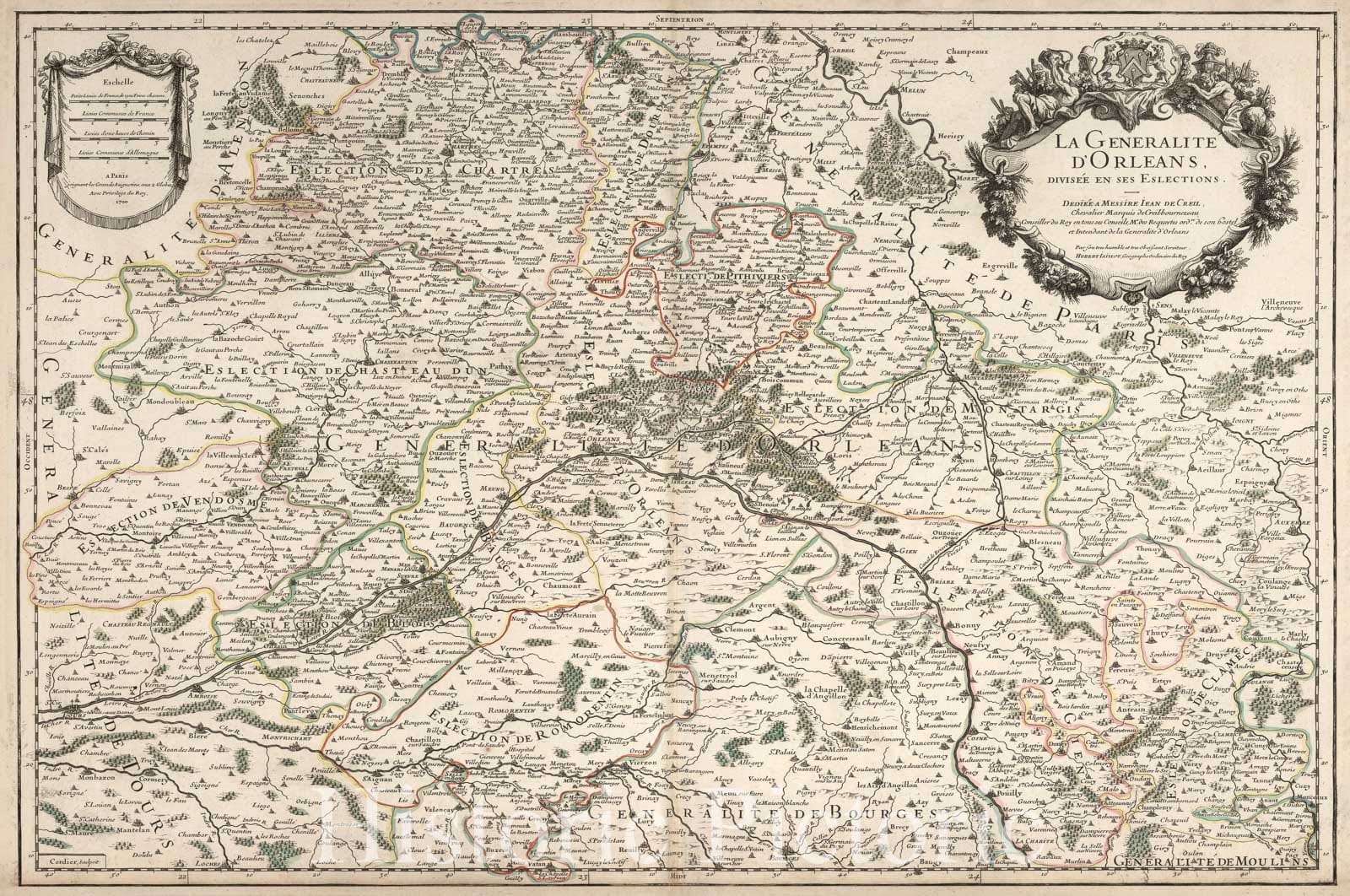 Historic Wall Map : Orleans, France 1700 La Generalite d'Orleans, Divisee en ses Eslections. , Vintage Wall Art