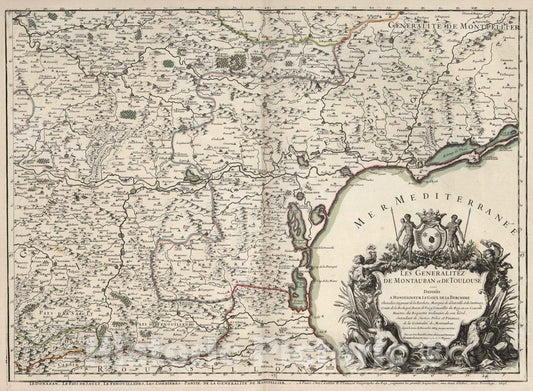 Historic Map : Montauban , France 1695 Les Generalitez de Montauban et de Toulouse (southeast sheet). , Vintage Wall Art