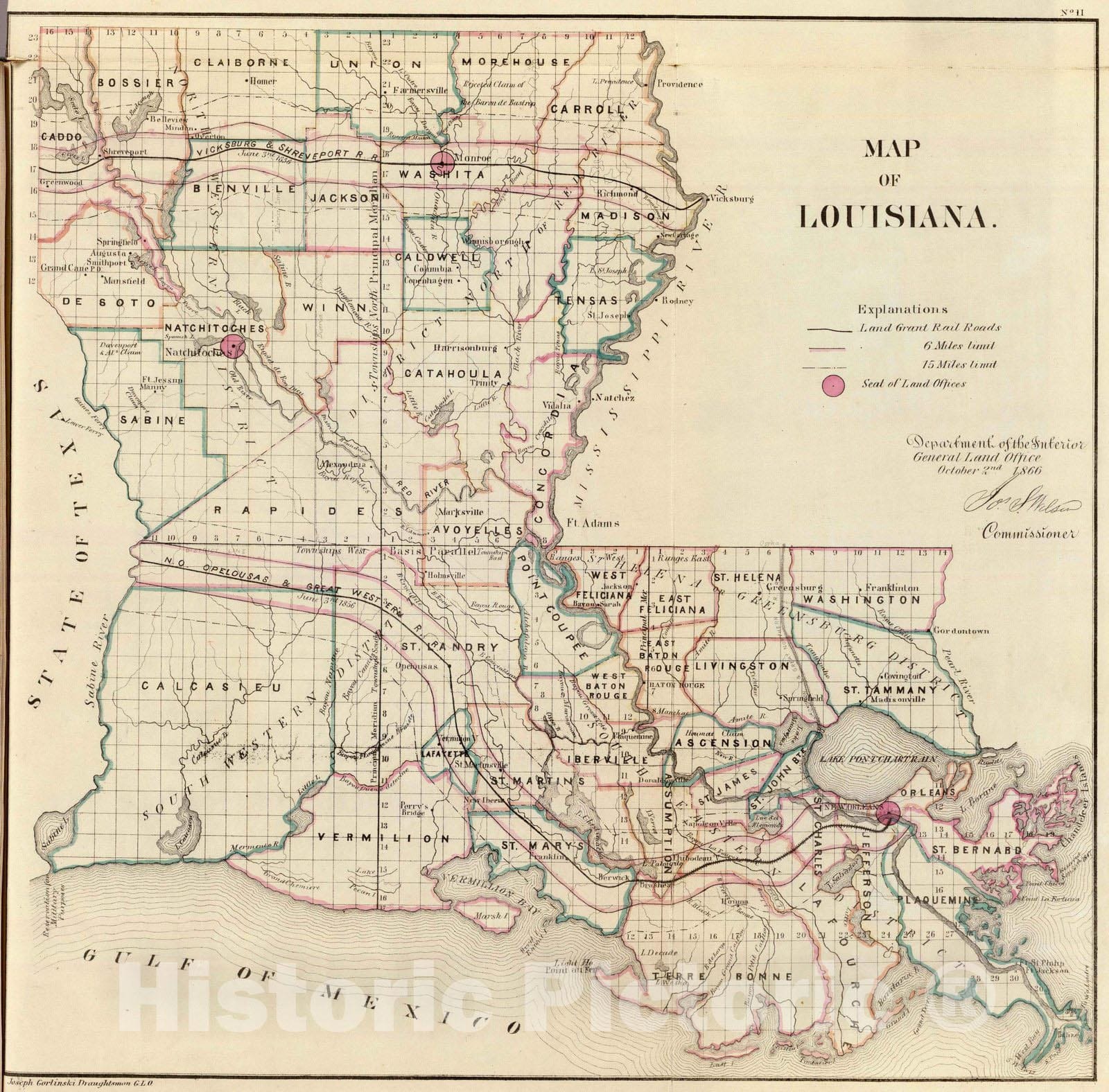 Historic Map : National Atlas - 1866 Louisiana. - Vintage Wall Art