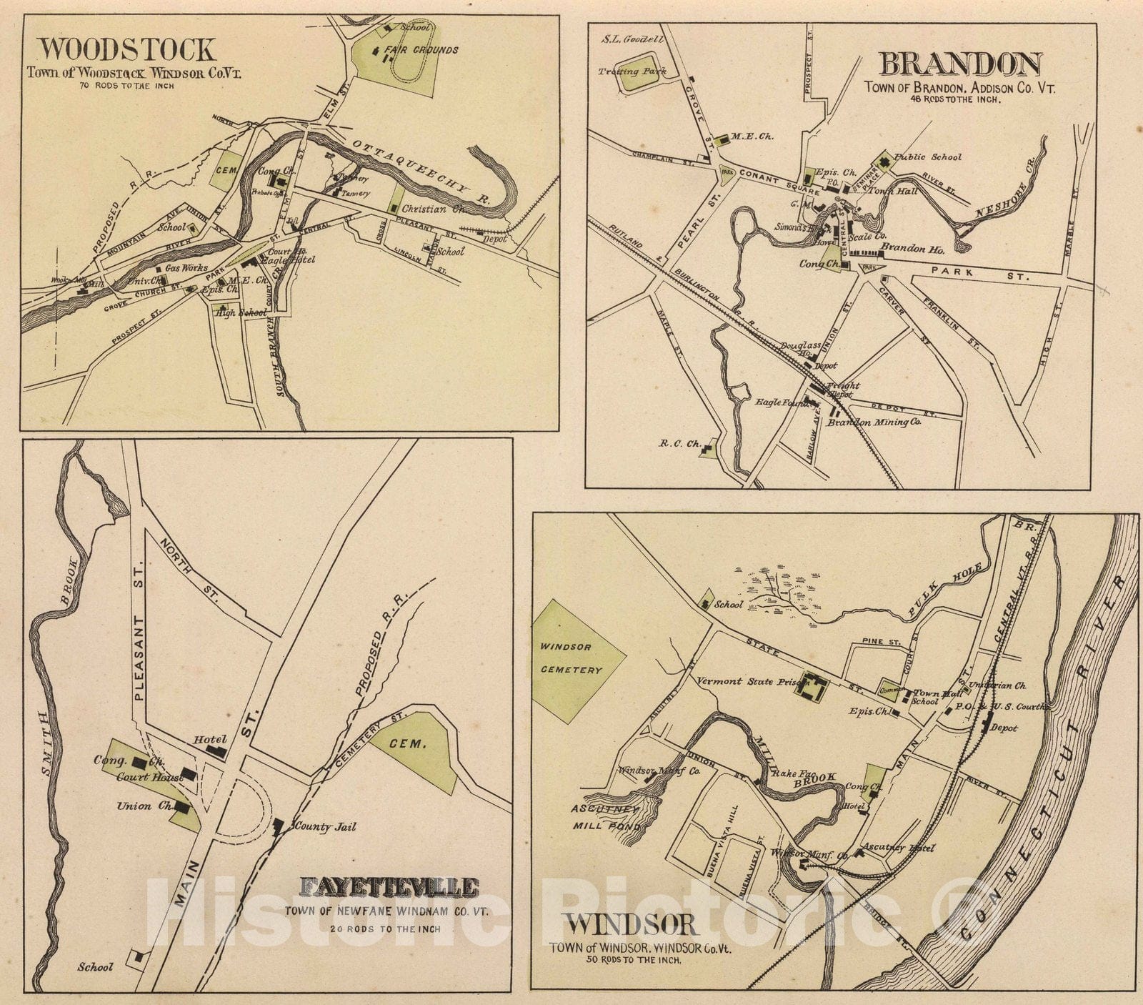 Historic Map : 1876 Woodstock, Brandon, Fayetteville and Windsor, Vt. - Vintage Wall Art