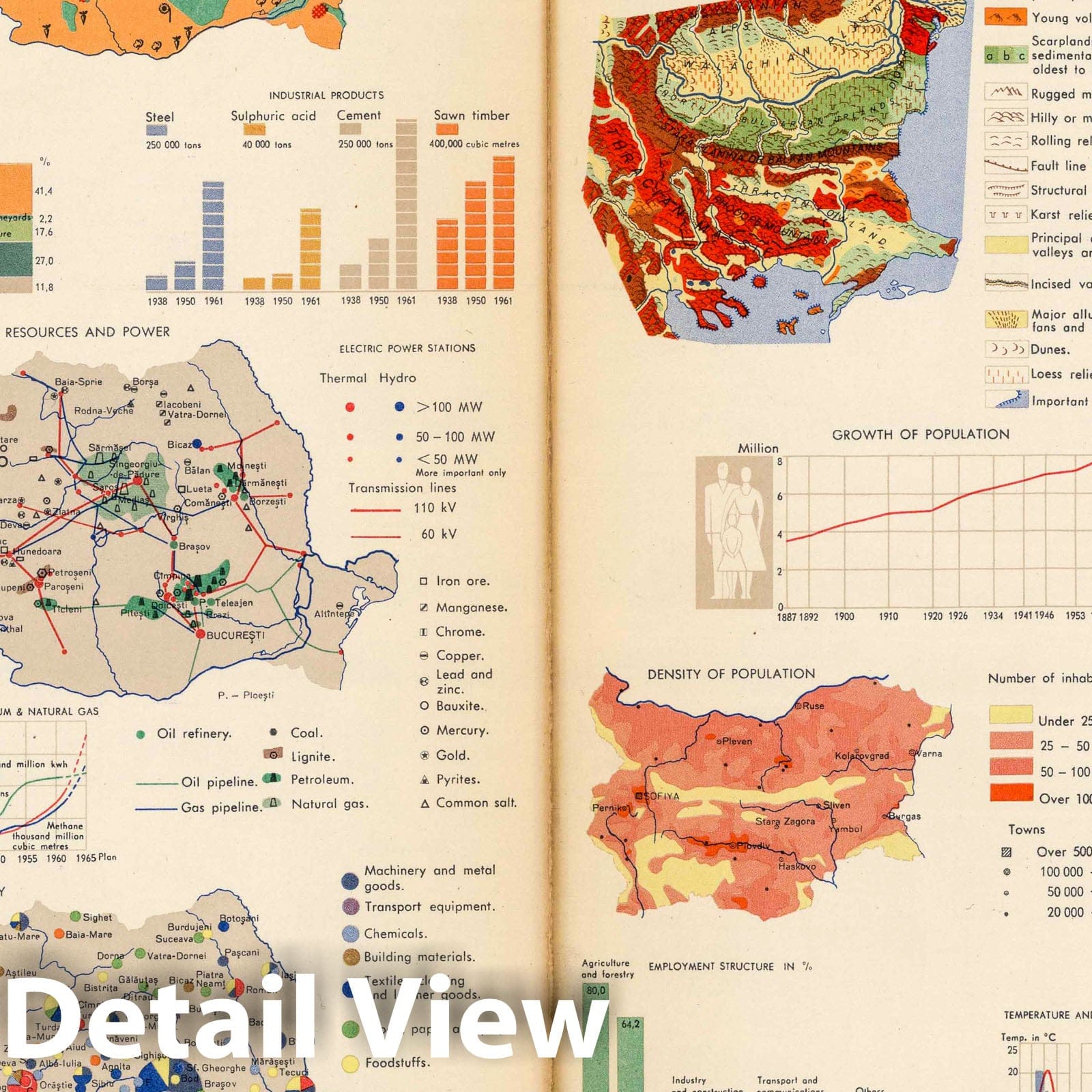 Romania and Bulgaria - Physical Map, 1963 - Pergamon World Atlas Print