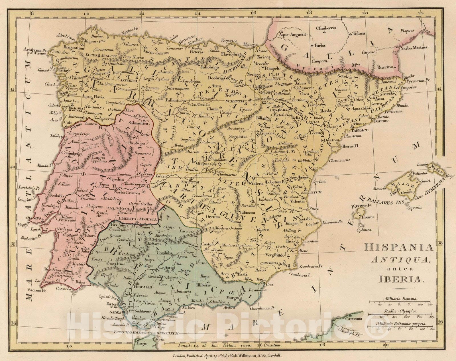 Historic Map : Spain; Portugal, Iberian Peninsula 1815 Hispania Antiqua antea Iberia. , Vintage Wall Art