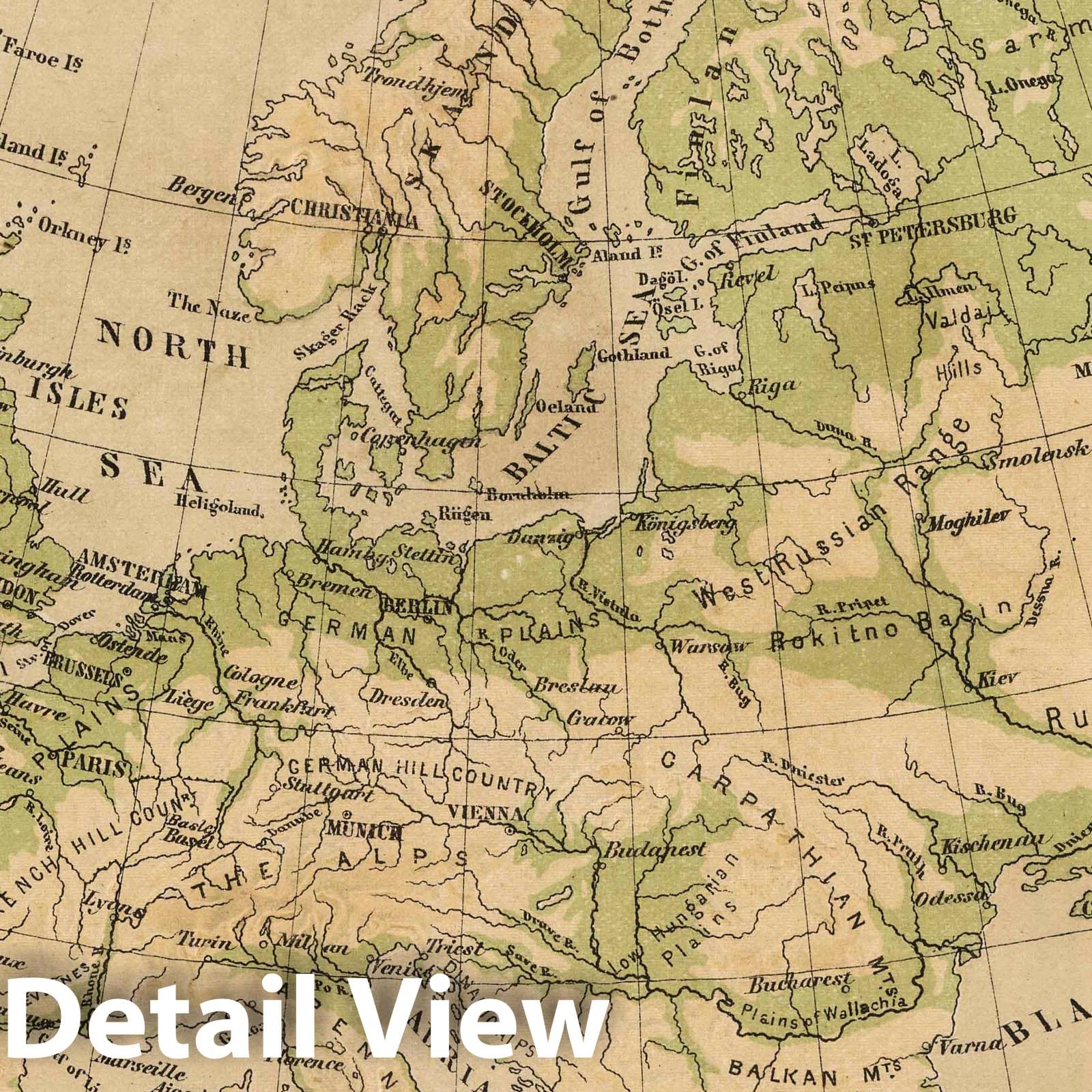 Europe - Physical Map, 1880 - Historical Atlas Reproduction