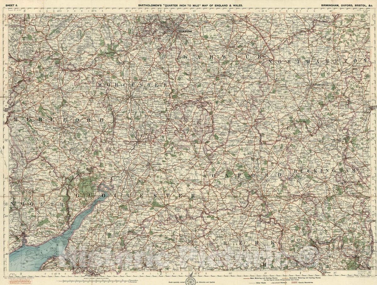 Historic Map : National Atlas - 1920 Sheet 8. Birmingham, Oxford, Bristol, c. - Vintage Wall Art