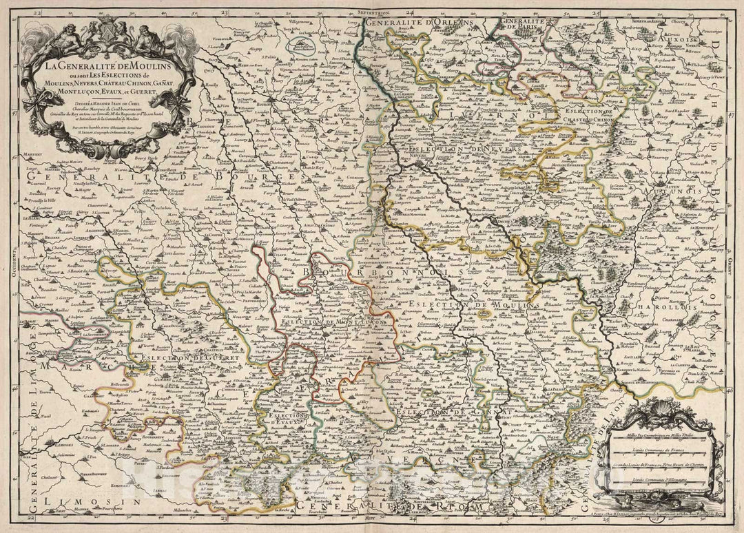 Historic Map : Moulins , France 1695 La Generalite de Moulins. , Vintage Wall Art