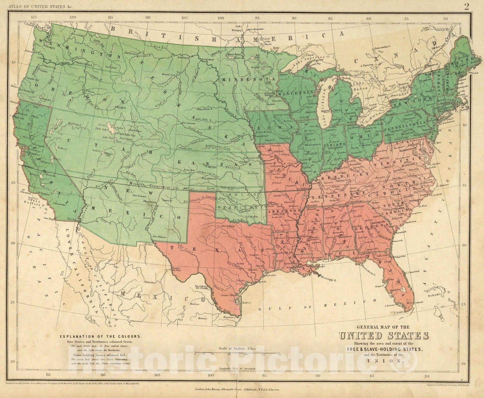 United States - Free and Slave-Holding States, 1857 - Historical Map Print