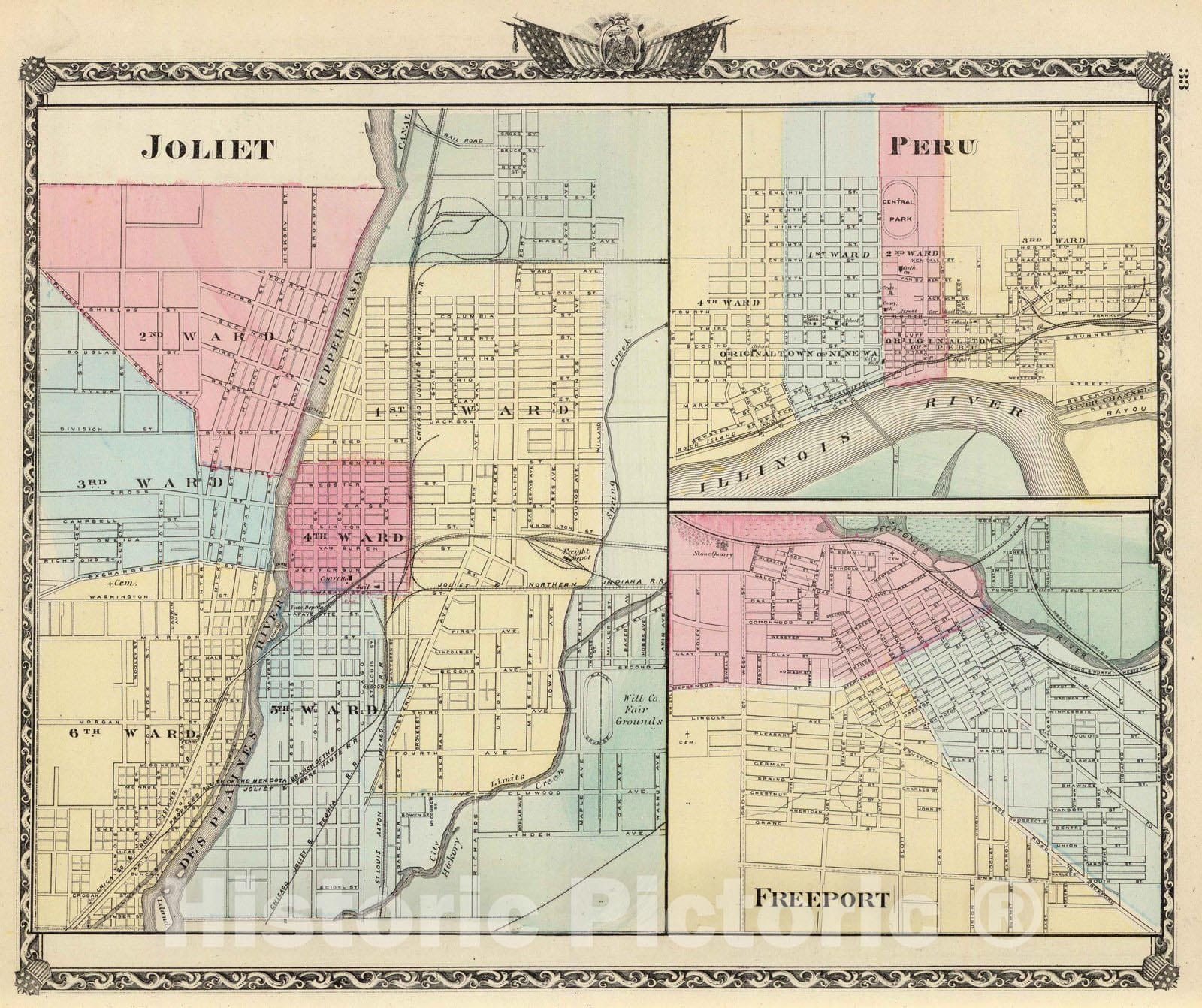 Historic Map : 1876 Joliet, Peru and Freeport. - Vintage Wall Art