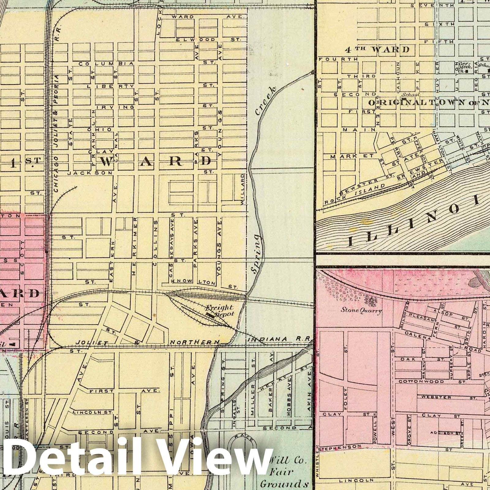 Joliet, Peru, and Freeport, Illinois 1876 Historical Map Print