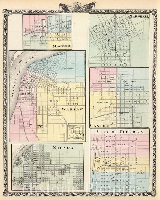 Warsaw, Macomb, Marshall, Canton, Nauvoo, Tuscola, Illinois 1876 Historical Map Print