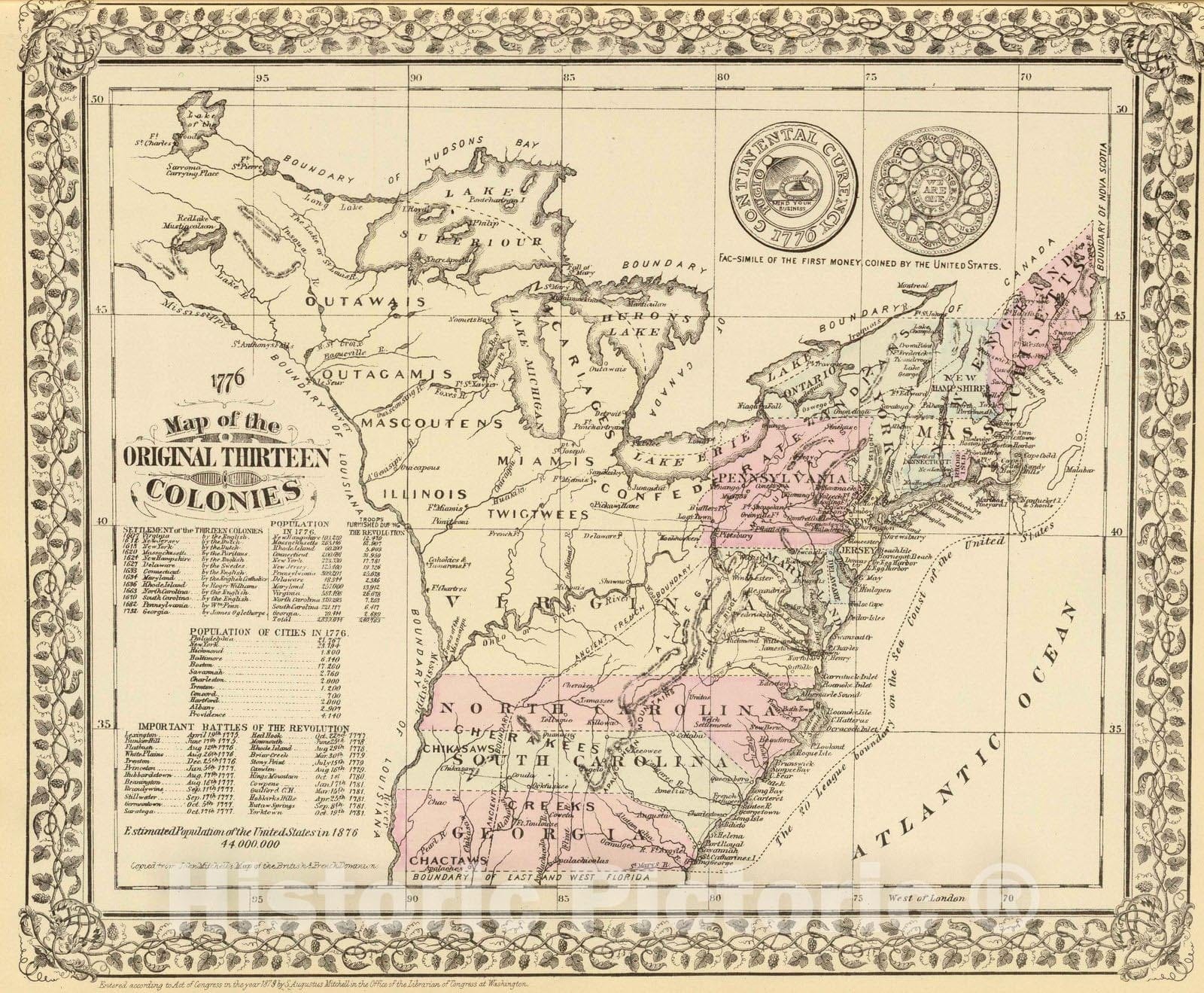 1776 Map of the Original Thirteen Colonies with First U.S. Coinage - Mitchell's Atlas 1880