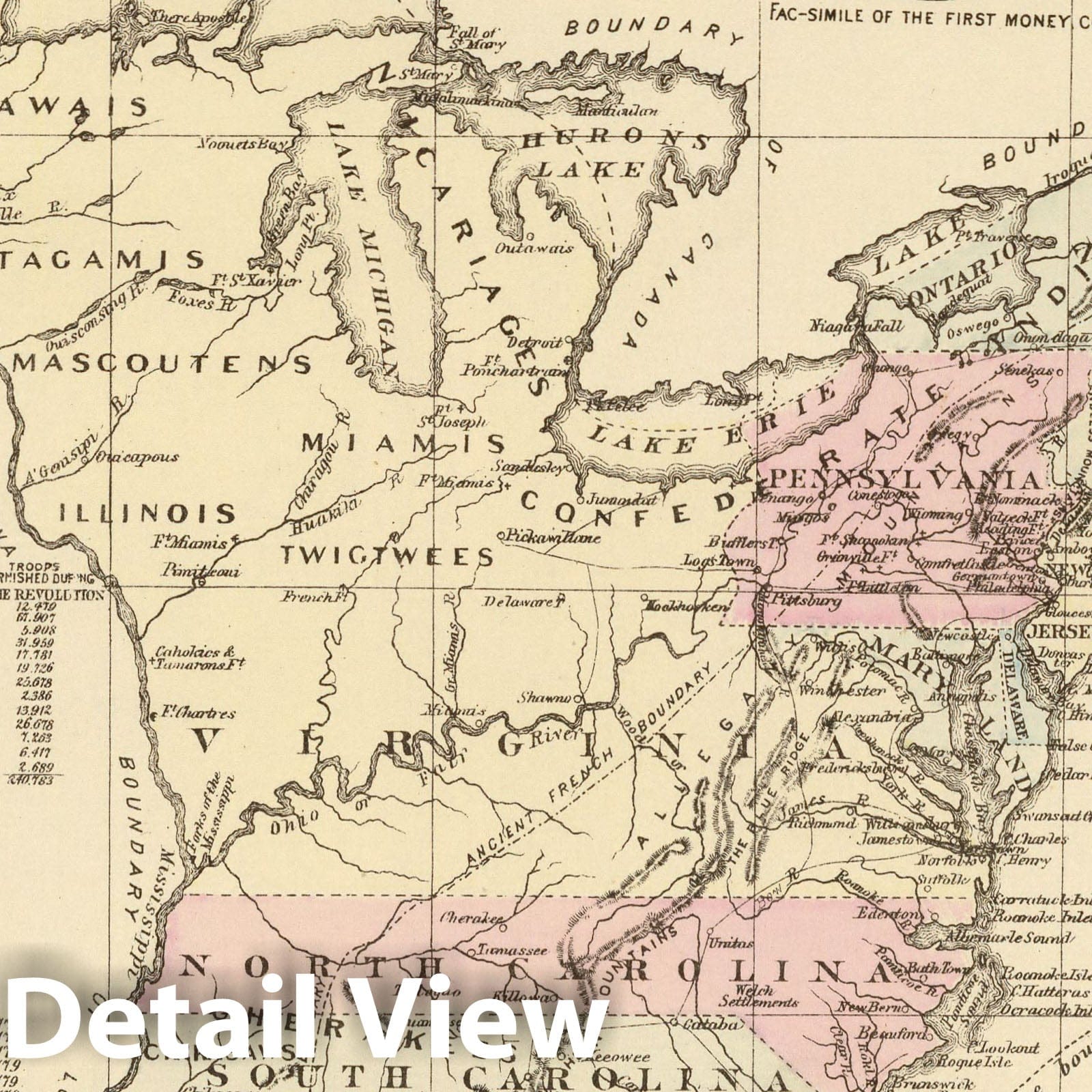1776 Map of the Original Thirteen Colonies with First U.S. Coinage - Mitchell's Atlas 1880