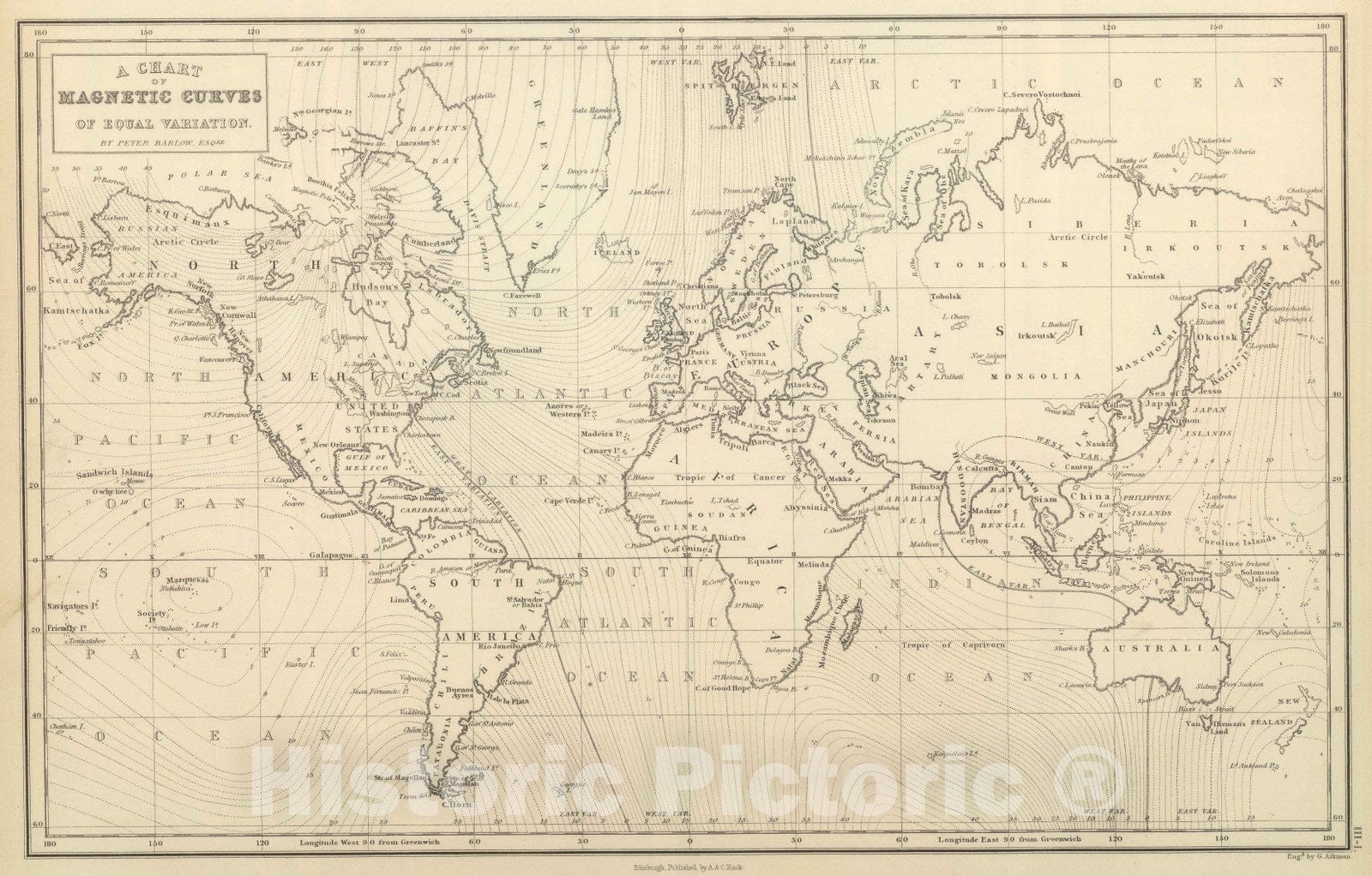 Chart of Magnetic Curves of Equal Variation - 1854 Celestial Map Print