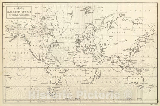Historic Map - World Atlas - 1854 Chart of Magnetic Curves of Equal Variation. - Vintage Wall Art