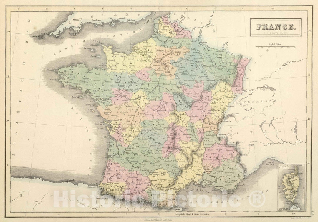 Historic Map : 1854 France in provinces. - Vintage Wall Art